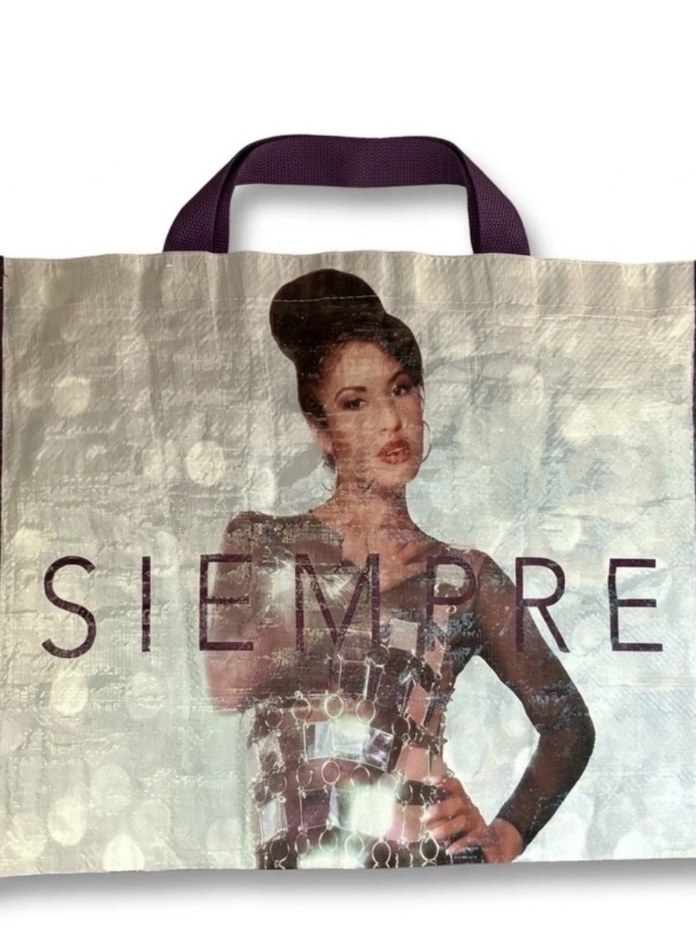 Graphic Cream Tote with Purple Handles - Siempre Design